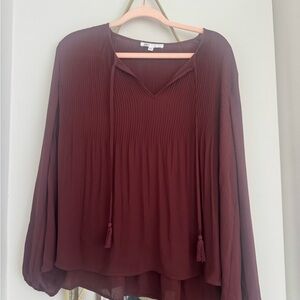 DR2 Women's Pleated Tassel V-Neck Blouse - Maroon